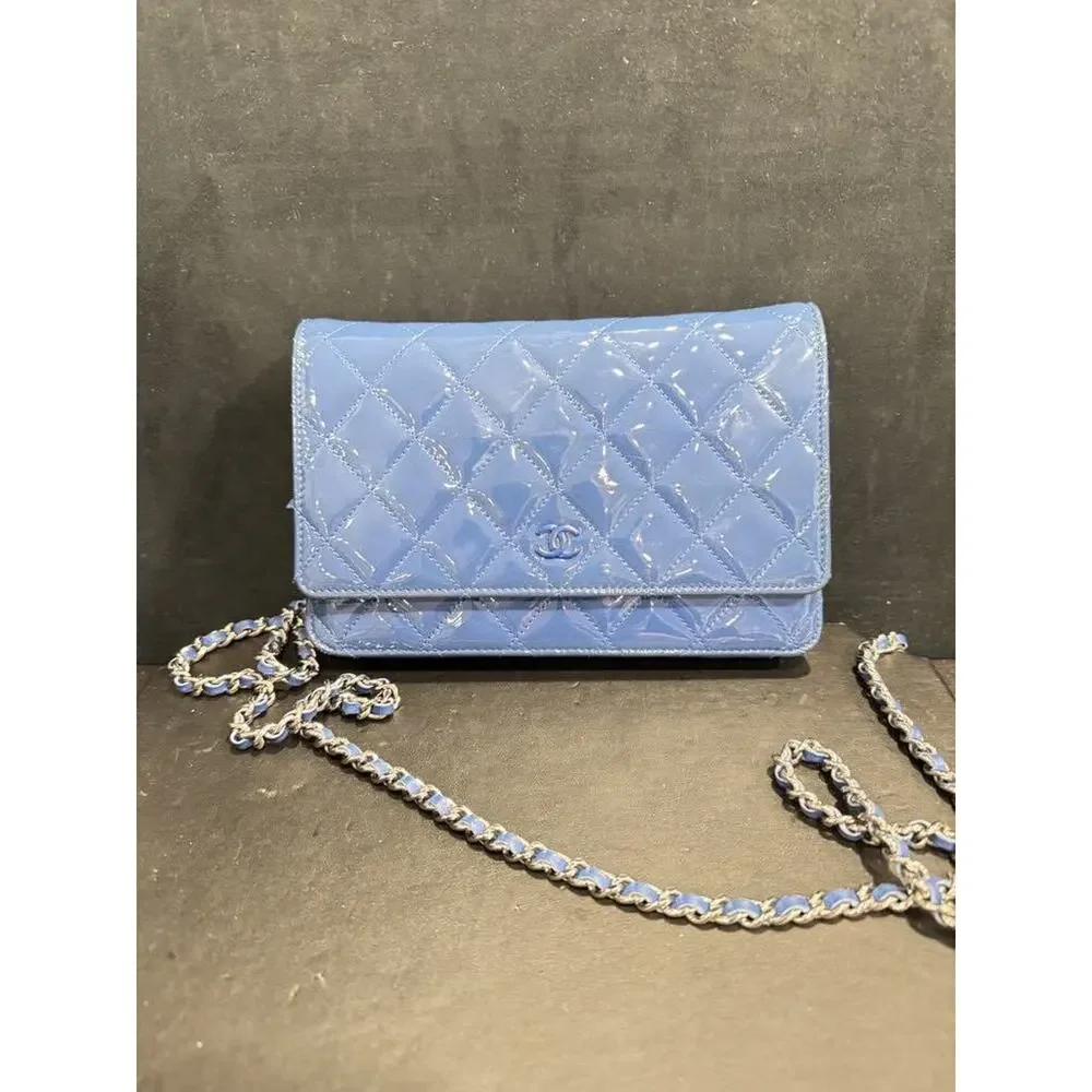 Chanel Quilted CC SHW Blue Patent Leather Wallet On Chain w/ Box - JB 335215